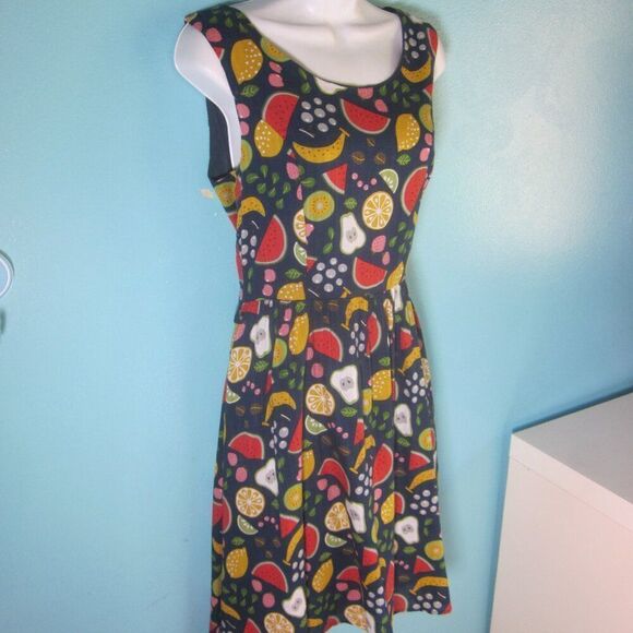 Tulip B Sleeveless Dress Size ML Cotton Blend Summer Fruit Print Blue Zip Shift - Picture 1 of 12